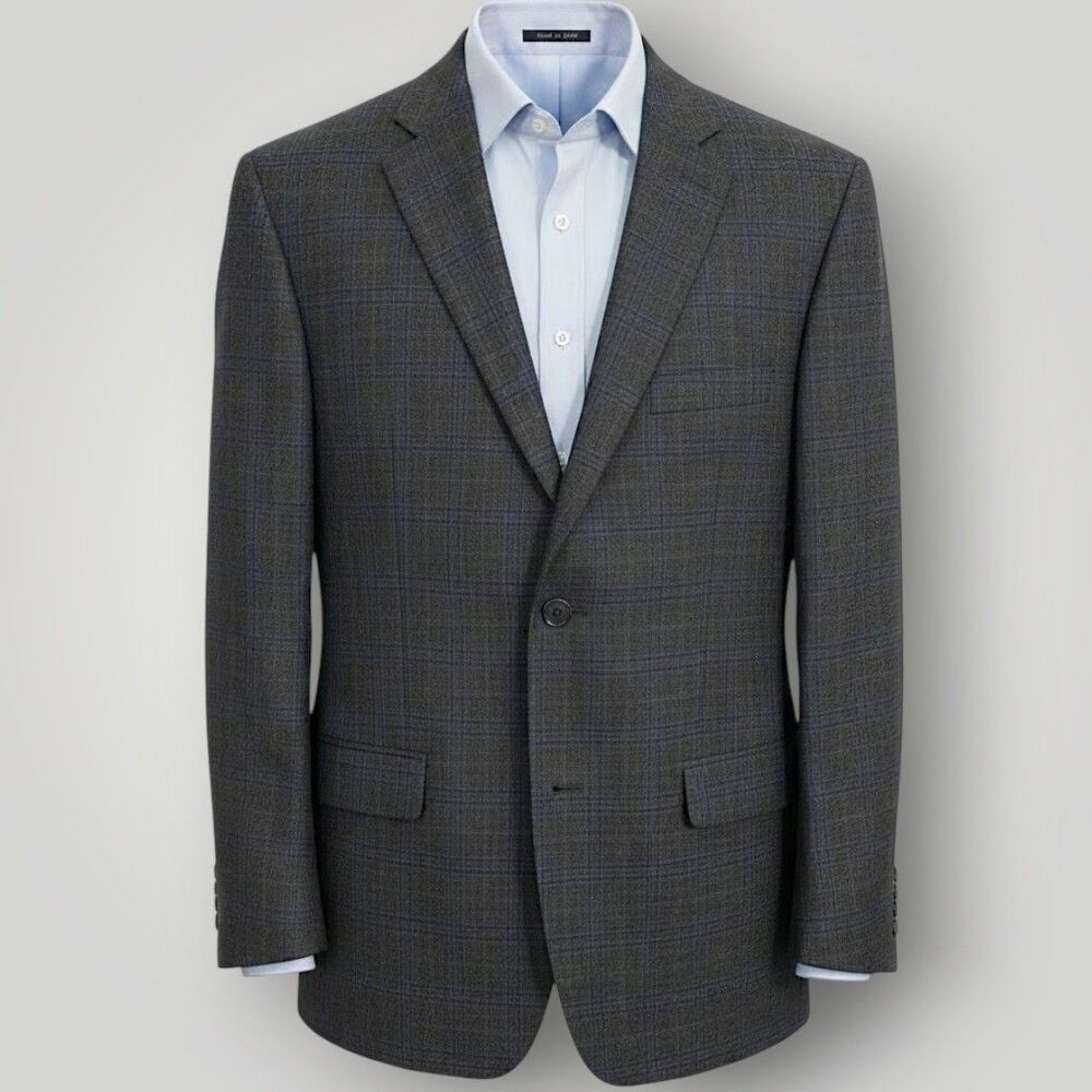 RALPH LAUREN Mens Blazer Sport Coat Two Button Jacket 44L Gray/Blue Plaid Wool